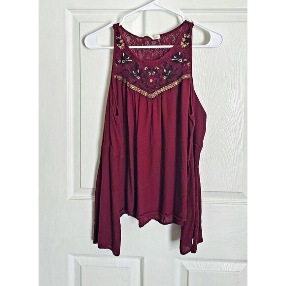 Rewind Womens Cold Shoulder Gauxy Peasant Blouse Red Purple Size XL Embroidered - Picture 4 of 11